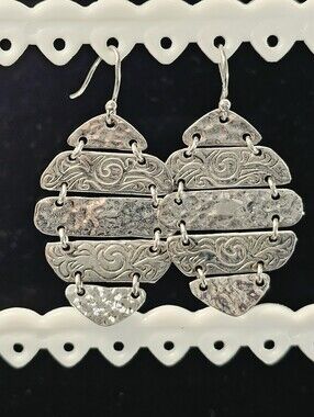 Sterling Silver Textured Embossed Tiered Hinged Earrings 2.5" ATI Mexico